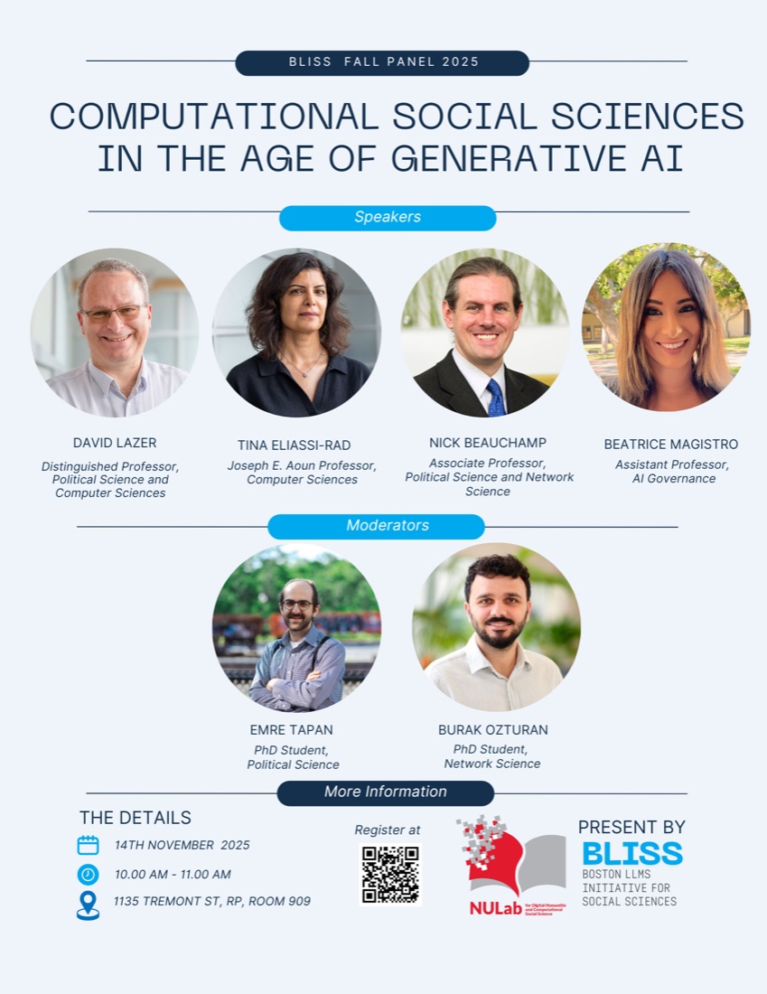 Poster for the BLISS Fall Panel 2025: Computational Social Sciences in the Age of Generative AI, with portraits of the four speakers and two moderators